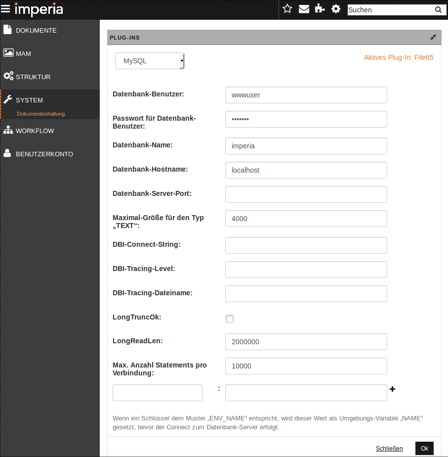 Dialog Konfiguration des gewählten Plug-ins
