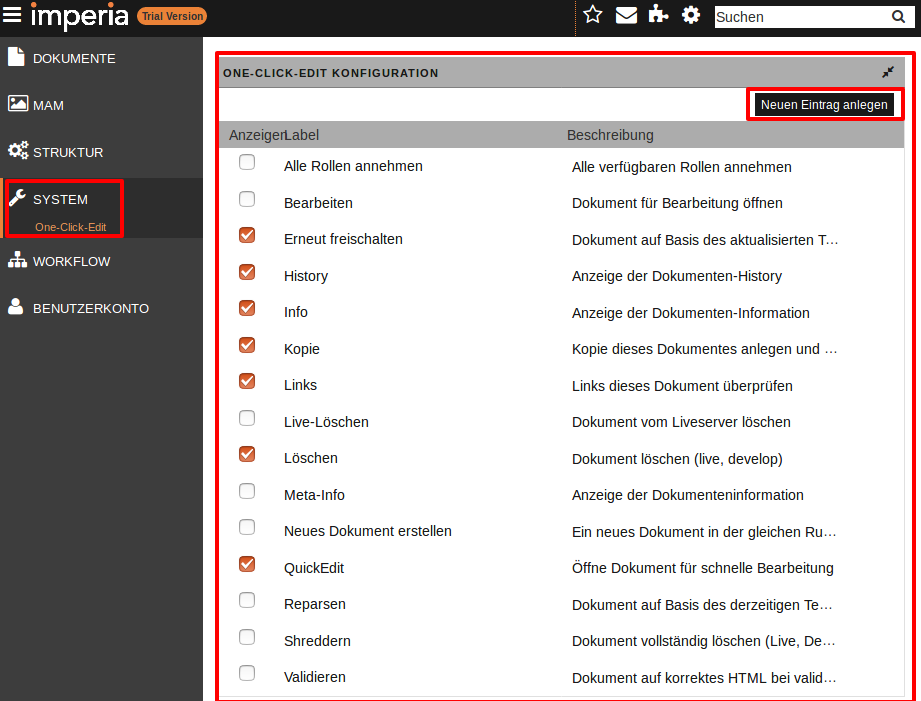 Seite "ONE-CLICK-EDIT KONFIGURATION"