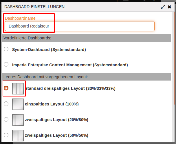 Fenster "DASHBOARD-EINSTELLUNGEN"