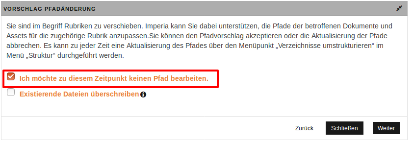 Option "Pfadänderung später"