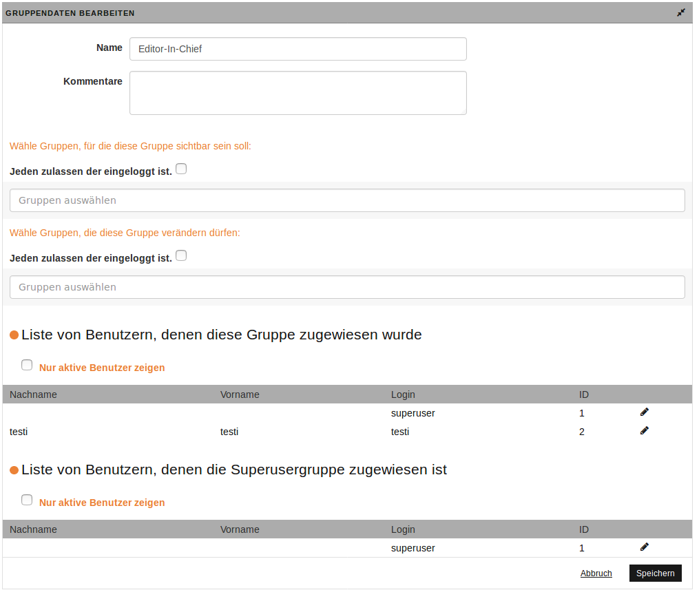 Seite "GRUPPENDATEN BEARBEITEN"