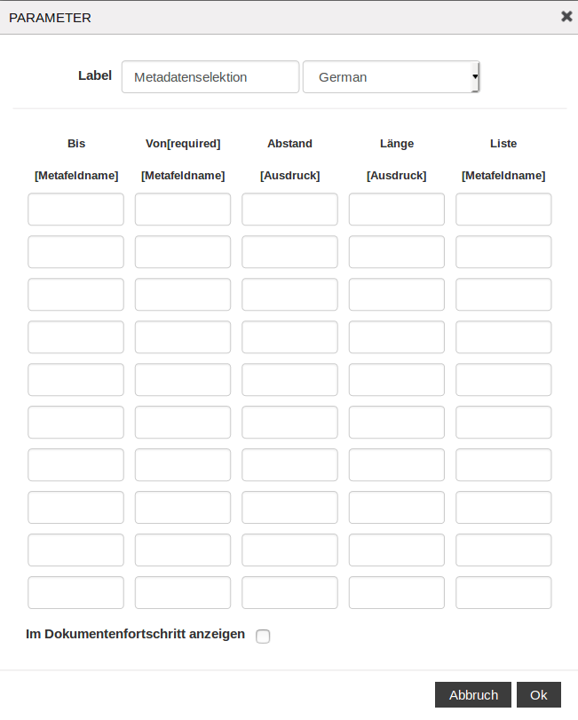 Eigenschaften des Plug-ins Metadatenselektion