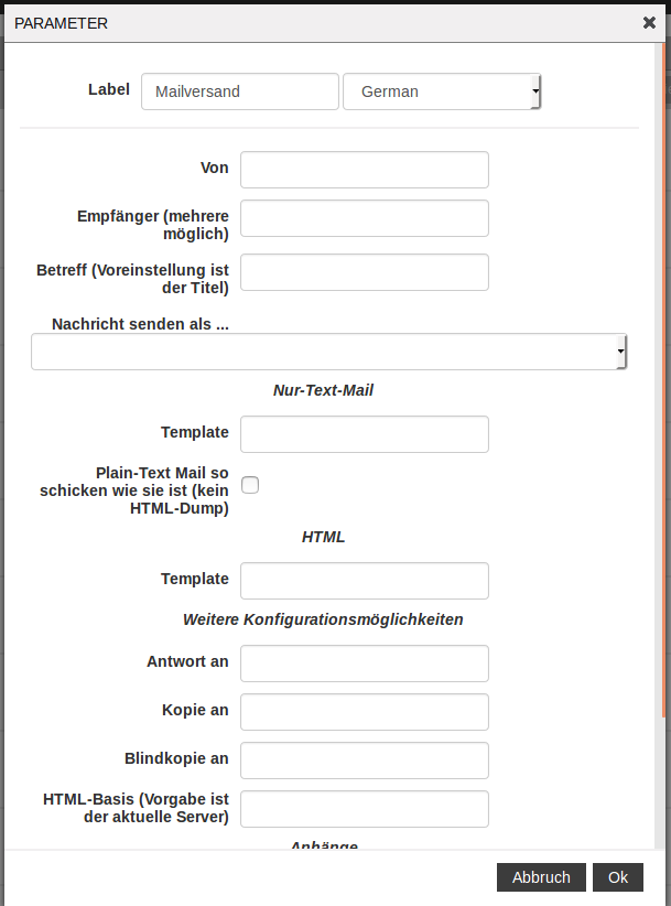 Parameter des Mailversand-Plug-ins