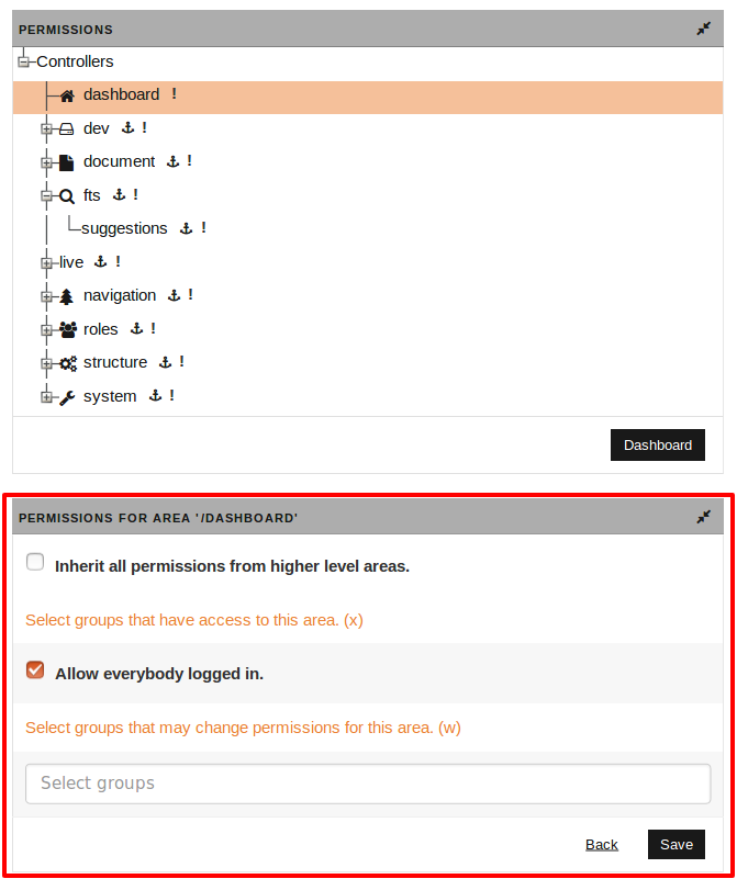 Controller permissions dialog