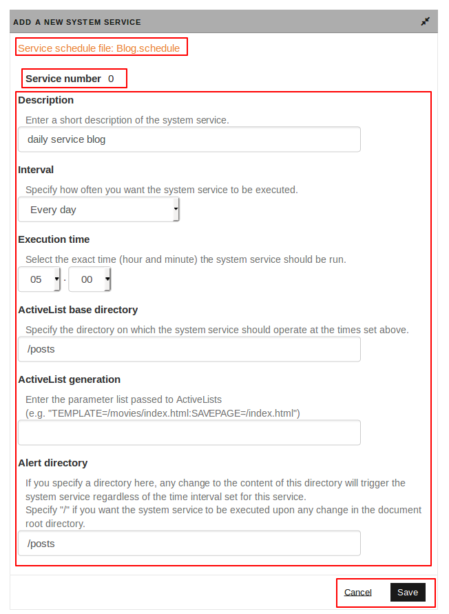 New system service dialog