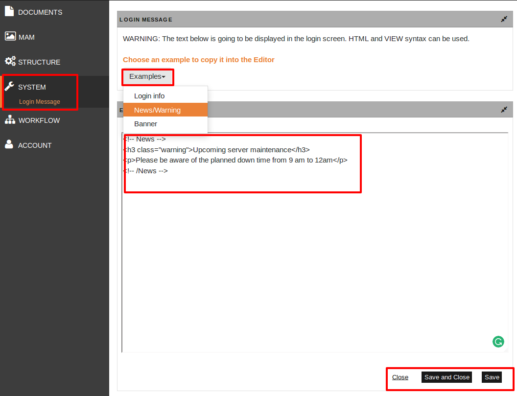 site login message