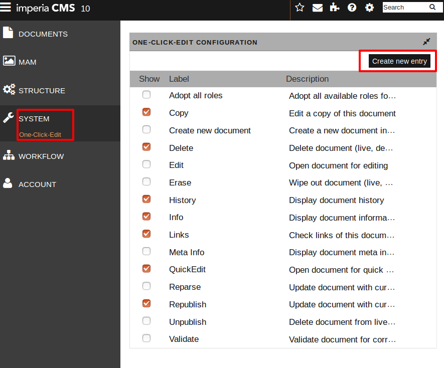 OCE configuration dialog