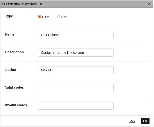 Create new slot module dialog