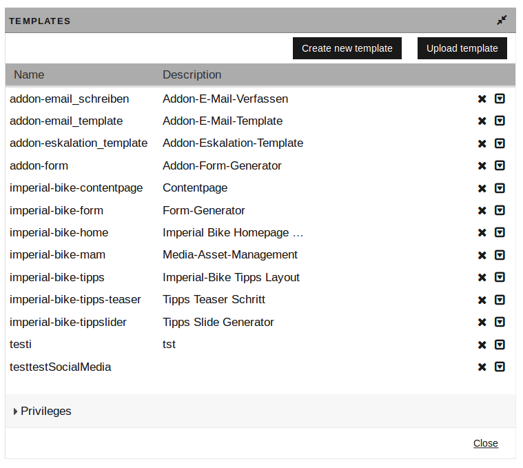 Editing templates dialog