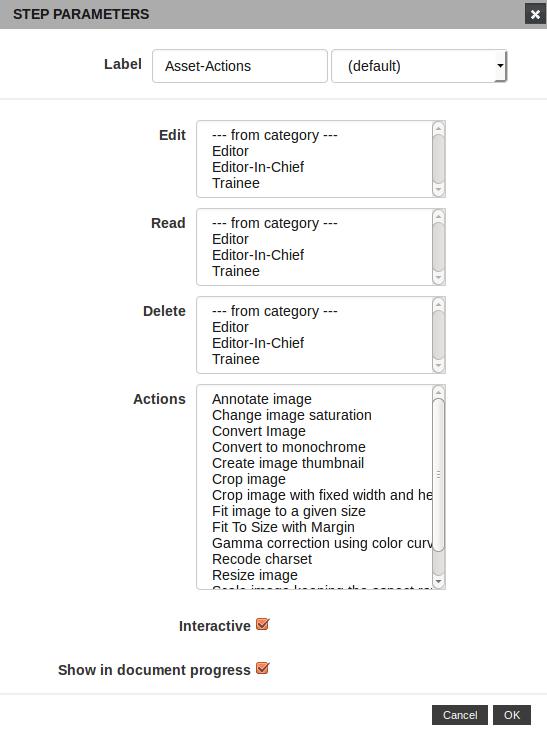 Asset-Actions configuration dialog