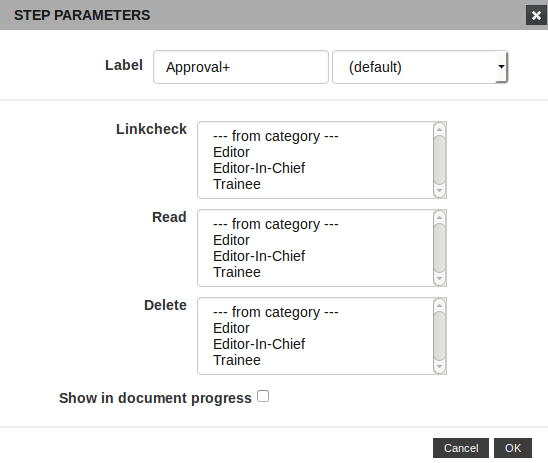 Approval + plug-in configuration dialog: