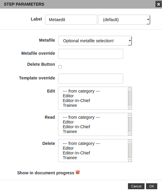 Metaedit plug-in configuration dialog: