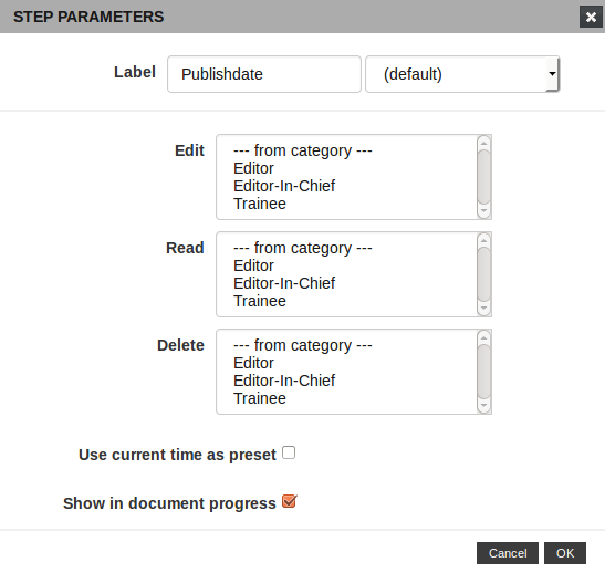 Publishdate plug-in configuration dialog