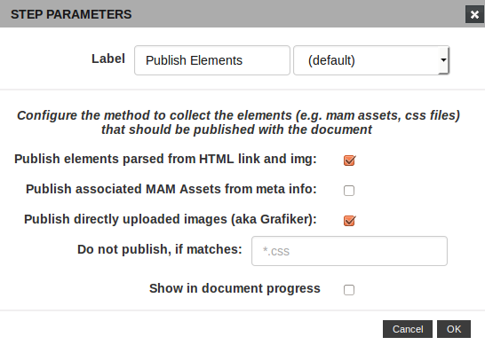 Publish Elements plug-in configuration dialog