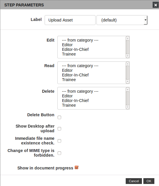 Upload Asset plug-in configuration dialog: