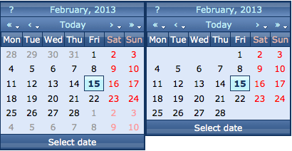 The calendar tool with and without adjacent months