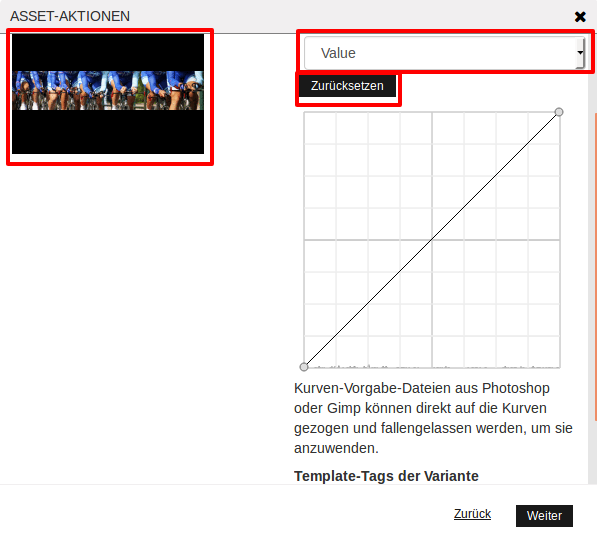 Gammakorrektur mit dem Farbkurven-Dialog.