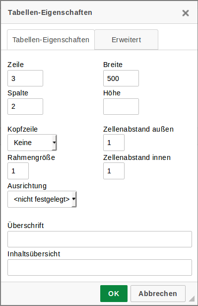 Tabelleneigenschaften